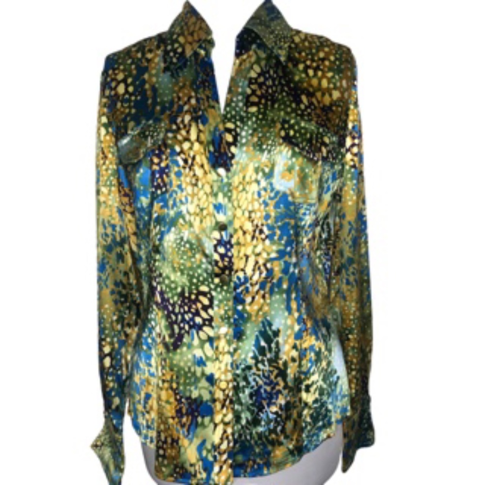 Cache Multicolor Printed Satin Blouse in Blue, Green & Gold